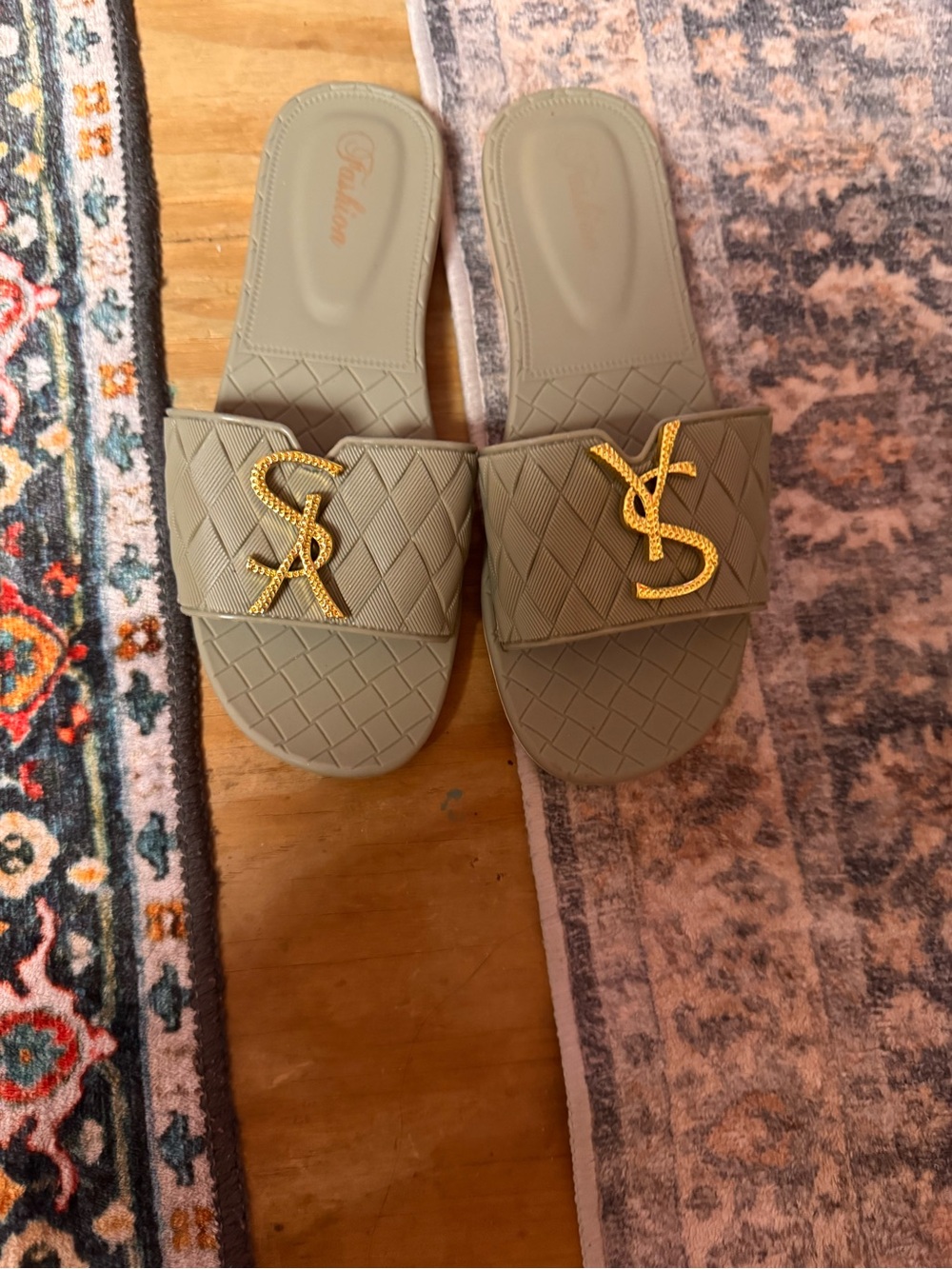 Gold Logo Olive Green Slide Sandals